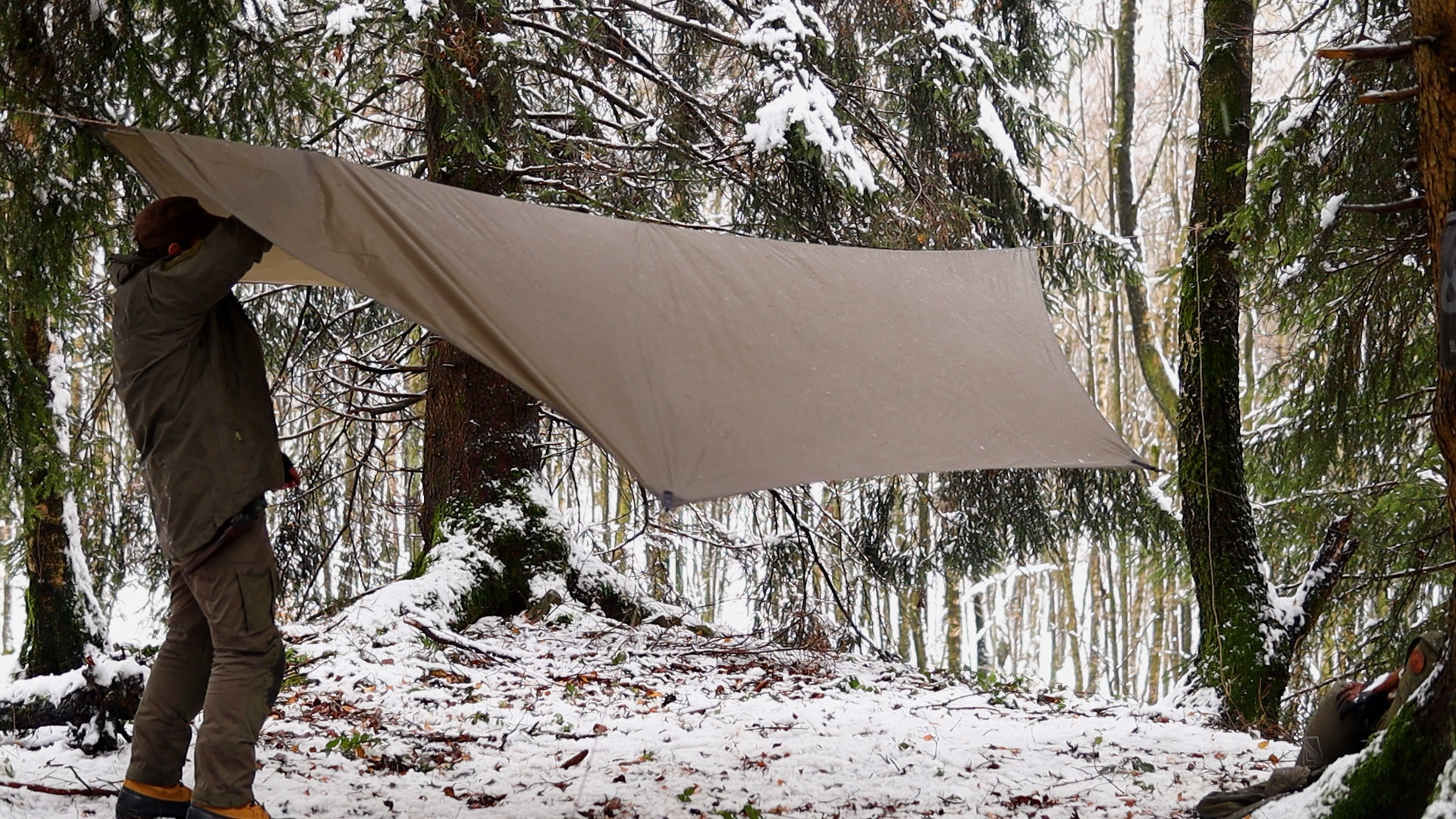 Tarp wird zwischen Bäumen im verschneiten Winterwald aufgespannt – Shelter-Aufbau beim Winterbiwak
