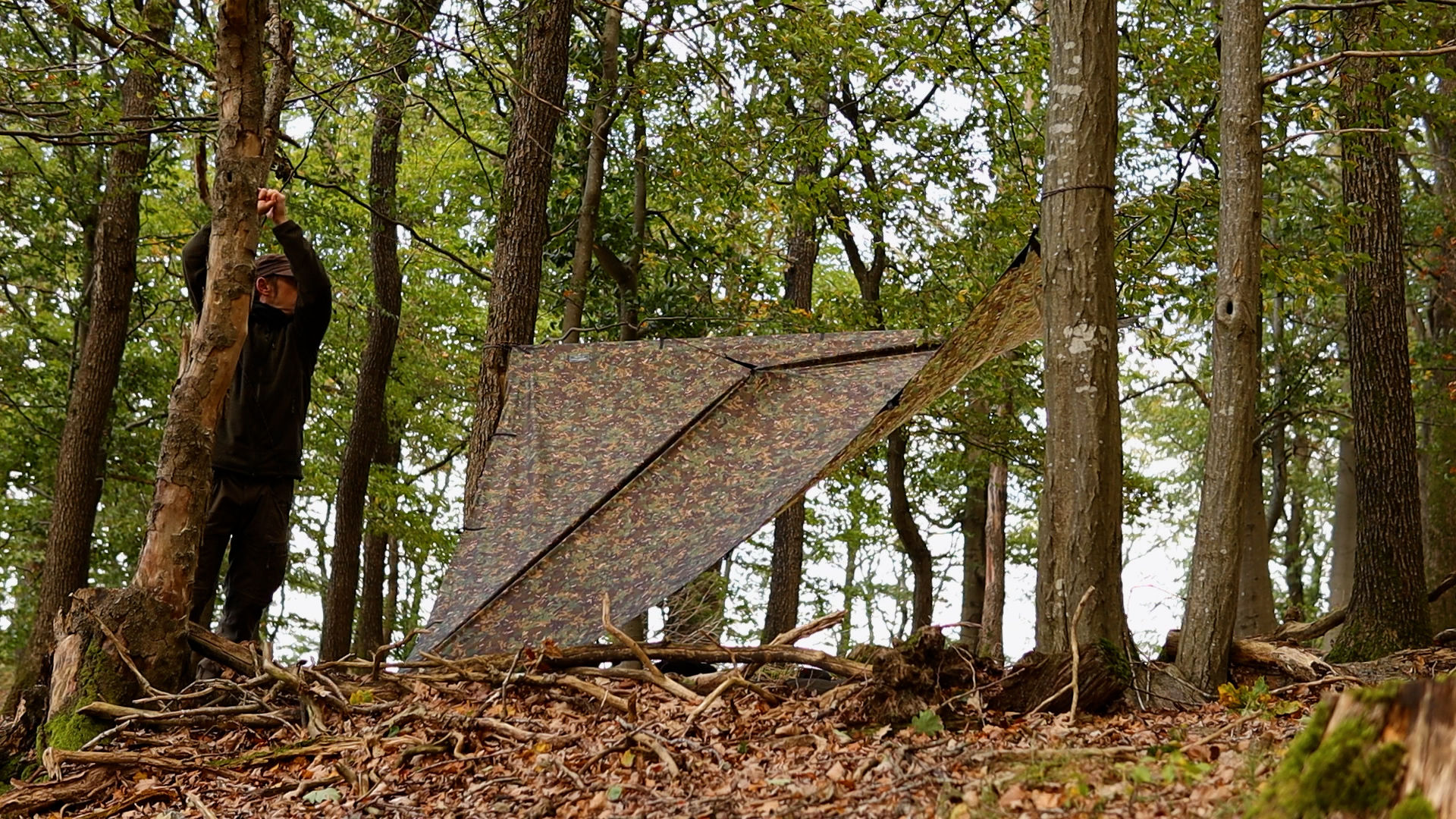 DD Tarp 3x3m wird im Herbstwald der Hocheifel aufgespannt