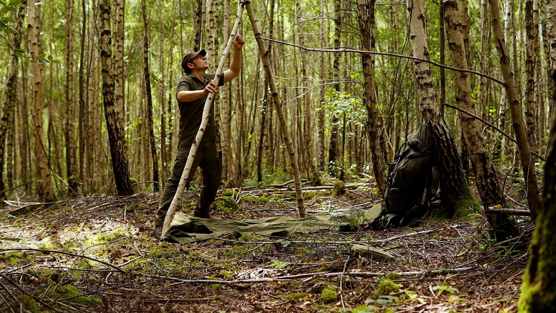 Nahaufnahme beim Aufbau des Lavvu-Zeltgestänges im Birkenwald