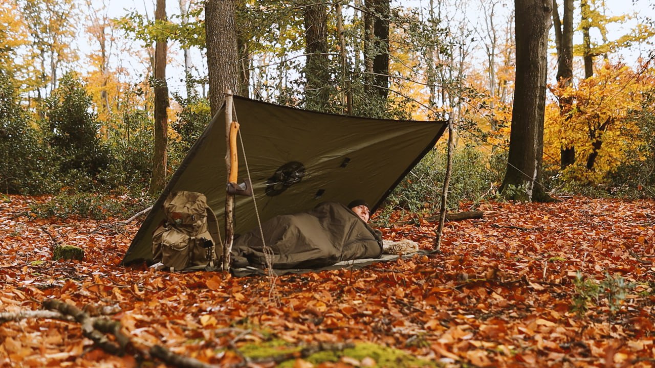 Tarp-Shelter im herbstlichen Wald zwischen zwei Bäumen