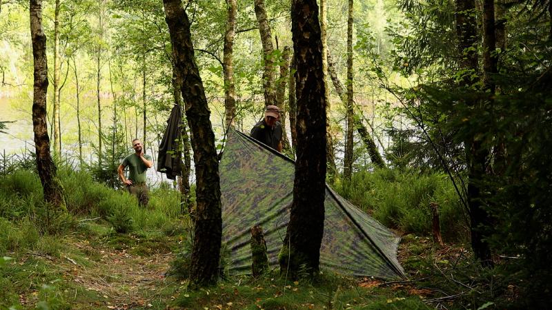 Tarp aufspannen zu zweit im Birkenwald